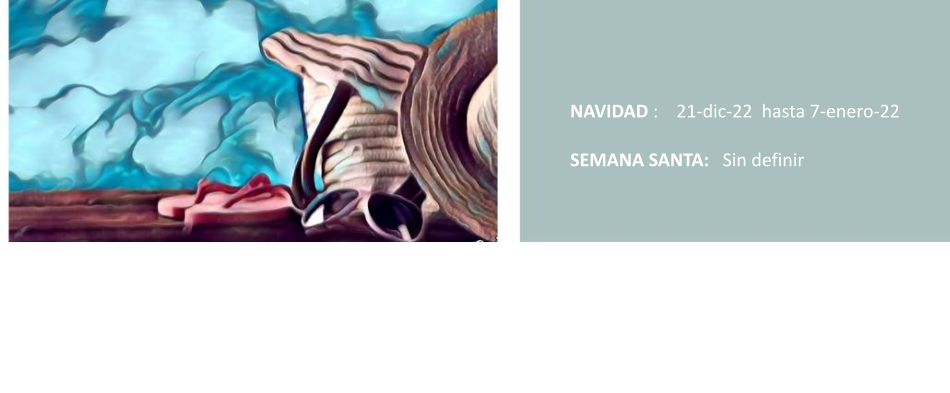 NAVIDAD :    21-dic-22  hasta 7-enero-22  SEMANA SANTA:   Sin definir