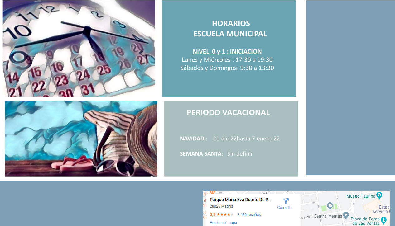 HORARIOS ESCUELA MUNICIPAL   NIVEL  0 y 1 : INICIACION  Lunes y Miércoles : 17:30 a 19:30 Sábados y Domingos: 9:30 a 13:30     PERIODO VACACIONAL   NAVIDAD :    21-dic-22hasta 7-enero-22  SEMANA SANTA:   Sin definir